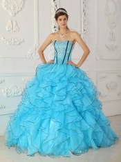 Baby Blue Ball Gown Strapless Floor-length Organza Appliques Sweet 16 Dress