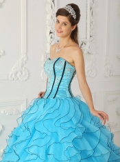 Baby Blue Ball Gown Strapless Floor-length Organza Appliques Sweet 16 Dress