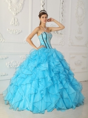 Baby Blue Ball Gown Strapless Floor-length Organza Appliques Sweet 16 Dress