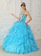 Baby Blue Ball Gown Strapless Floor-length Organza Appliques Sweet 16 Dress