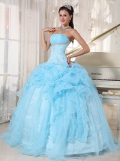 Baby Blue Ball Gown Strapless Floor-length Organza Beading Quinceanera Dress