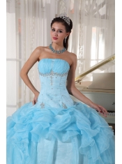 Baby Blue Ball Gown Strapless Floor-length Organza Beading Quinceanera Dress