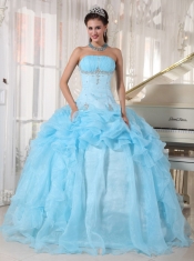 Baby Blue Ball Gown Strapless Floor-length Organza Beading Quinceanera Dress