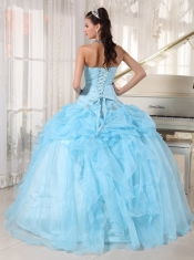 Baby Blue Ball Gown Strapless Floor-length Organza Beading Quinceanera Dress