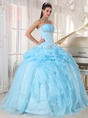 Baby Blue Ball Gown Strapless Floor-length Organza Beading Quinceanera Dress