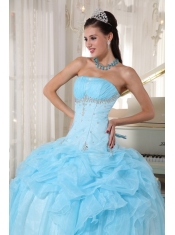 Baby Blue Ball Gown Strapless Floor-length Organza Beading Quinceanera Dress