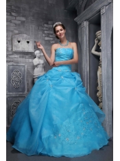 Baby Blue Ball Gown Strapless Floor-length Taffeta and Organza Appliques Quinceanera Dress