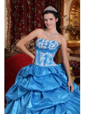 Baby Blue Ball Gown Strapless Floor-length Taffeta Appliques Quinceanera Dress