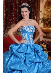 Baby Blue Ball Gown Strapless Floor-length Taffeta Appliques Quinceanera Dress