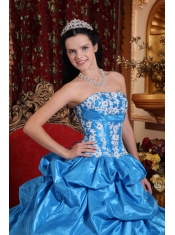 Baby Blue Ball Gown Strapless Floor-length Taffeta Appliques Quinceanera Dress