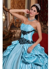 Baby Blue Ball Gown Strapless Floor-length Taffeta Appliques Quinceanera Dress