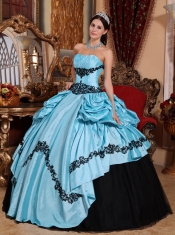 Baby Blue Ball Gown Strapless Floor-length Taffeta Appliques Quinceanera Dress