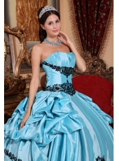 Baby Blue Ball Gown Strapless Floor-length Taffeta Appliques Quinceanera Dress