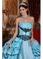 Baby Blue Ball Gown Strapless Floor-length Taffeta Appliques Quinceanera Dress