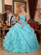 Baby Blue Ball Gown Sweetheart Floor-length Organza Appliques and Ruch Quinceanera Dress