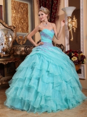 Baby Blue Ball Gown Sweetheart Floor-length Organza Appliques and Ruch Quinceanera Dress