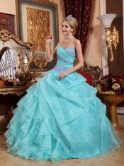 Baby Blue Ball Gown Sweetheart Floor-length Organza Appliques and Ruch Quinceanera Dress