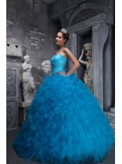 Baby Blue Ball Gown Sweetheart Neck Floor-length Taffeta and Organza Beading Quinceanera Dress