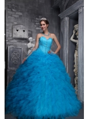 Baby Blue Ball Gown Sweetheart Neck Floor-length Taffeta and Organza Beading Quinceanera Dress