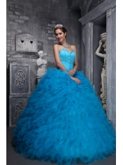 Baby Blue Ball Gown Sweetheart Neck Floor-length Taffeta and Organza Beading Quinceanera Dress