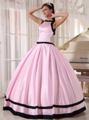 Baby Pink and Black Ball Gown Bateau Floor-length Taffeta Quinceanera Dress