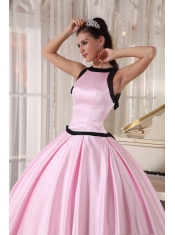 Baby Pink and Black Ball Gown Bateau Floor-length Taffeta Quinceanera Dress