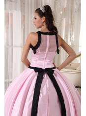 Baby Pink and Black Ball Gown Bateau Floor-length Taffeta Quinceanera Dress