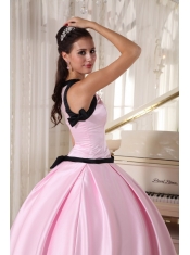 Baby Pink and Black Ball Gown Bateau Floor-length Taffeta Quinceanera Dress