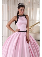 Baby Pink and Black Ball Gown Bateau Floor-length Taffeta Quinceanera Dress