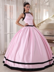 Baby Pink and Black Ball Gown Bateau Floor-length Taffeta Quinceanera Dress
