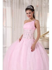 Baby Pink Ball Gown One Shoulder Floor-length Tulle Beading Sweet 16 Dress