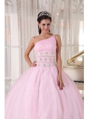Baby Pink Ball Gown One Shoulder Floor-length Tulle Beading Sweet 16 Dress