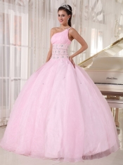 Baby Pink Ball Gown One Shoulder Floor-length Tulle Beading Sweet 16 Dress