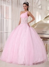 Baby Pink Ball Gown One Shoulder Floor-length Tulle Beading Sweet 16 Dress