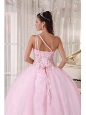 Baby Pink Ball Gown One Shoulder Floor-length Tulle Beading Sweet 16 Dress