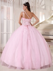 Baby Pink Ball Gown One Shoulder Floor-length Tulle Beading Sweet 16 Dress