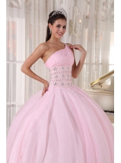 Baby Pink Ball Gown One Shoulder Floor-length Tulle Beading Sweet 16 Dress