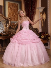 Baby Pink Ball Gown Strapless Floor-length Organza Appliques Sweet 16 Dress