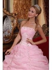 Baby Pink Ball Gown Strapless Floor-length Organza Appliques Sweet 16 Dress