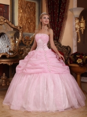 Baby Pink Ball Gown Strapless Floor-length Organza Appliques Sweet 16 Dress