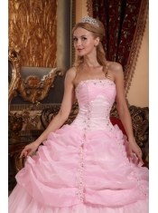 Baby Pink Ball Gown Strapless Floor-length Organza Appliques Sweet 16 Dress