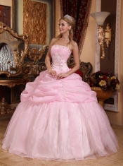 Baby Pink Ball Gown Strapless Floor-length Organza Appliques Sweet 16 Dress