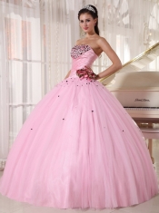 Baby Pink Ball Gown Strapless Floor-length Tulle Beading and Ruch Quinceanera Dress