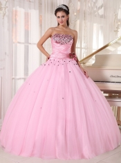 Baby Pink Ball Gown Strapless Floor-length Tulle Beading and Ruch Quinceanera Dress