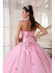 Baby Pink Ball Gown Strapless Floor-length Tulle Beading and Ruch Quinceanera Dress