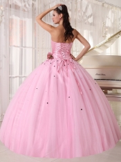 Baby Pink Ball Gown Strapless Floor-length Tulle Beading and Ruch Quinceanera Dress