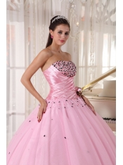 Baby Pink Ball Gown Strapless Floor-length Tulle Beading and Ruch Quinceanera Dress