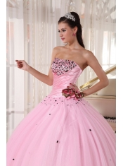 Baby Pink Ball Gown Strapless Floor-length Tulle Beading and Ruch Quinceanera Dress