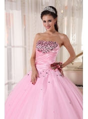 Baby Pink Ball Gown Strapless Floor-length Tulle Beading and Ruch Quinceanera Dress