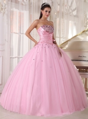 Baby Pink Ball Gown Strapless Floor-length Tulle Beading and Ruch Quinceanera Dress